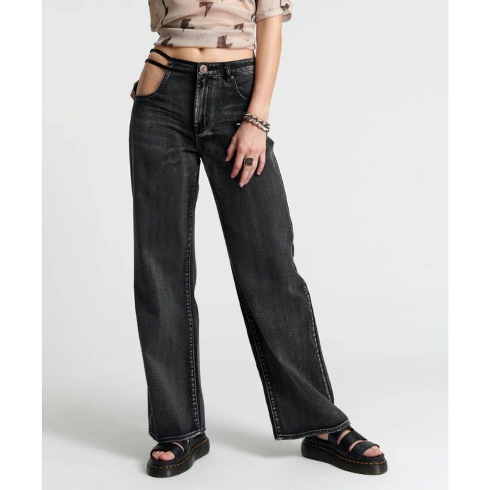 One Teaspoon Jackson Jeans Washed Black Cut-Out Hip Wide Leg Womens 30‎